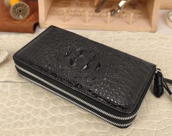 Bolso de mano artesanal de piel de cocodrilo auténtica, cartera de mano negra texturizada, bolso organizador profesional para hombre con doble cremallera.