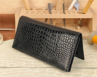 Cartera de piel de cocodrilo hecha a mano, lujosa, negra, plegable, tarjetero, elegante y refinada, estuche de alta gama.