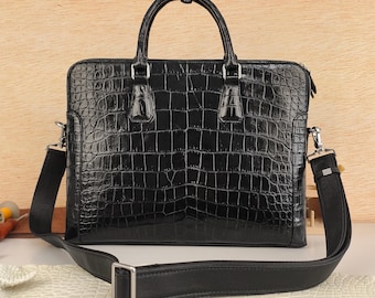 Maletín elegante de piel de cocodrilo auténtica, de diseño minimalista y lujoso, ideal para la oficina o negocios.