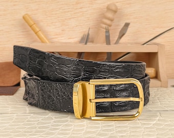 Cinturón de piel de caimán hecho a mano con hebilla dorada y plateada, cinturón de lujo para hombre.