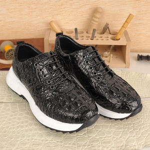 Black Alligator Sneakers Handmade Artisan Genuine Leather Shoes Luxury White Sole Urban Fashion Statement
