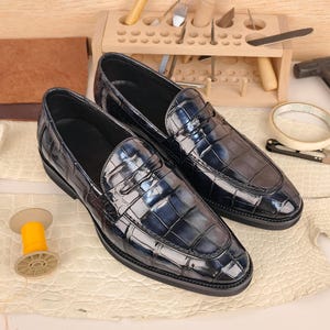 Genuine Alligator Leather Loafers for Men - Handmade Navy Blue Penny Dress Shoes - Luxury Gift