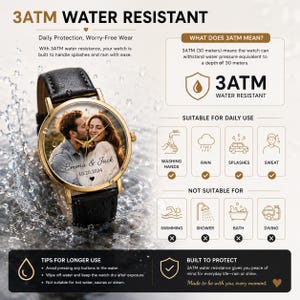 May include: A gold-toned watch with a black leather band. The watch face features a couple's photo and the inscription "Emma & Jack 10.20.2024." The watch is water-resistant, suitable for daily use, and protected against splashes and rain.