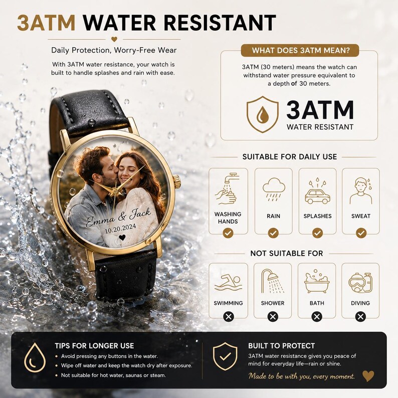 May include: A gold-toned watch with a black leather band. The watch face features a couple's photo and the inscription "Emma & Jack 10.20.2024." The watch is water-resistant, suitable for daily use, and protected against splashes and rain.