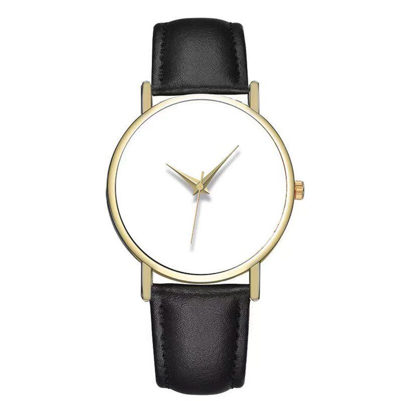 May include: A minimalist wristwatch with a gold-tone case and hands, a white dial, and a black leather band. The watch has a simple, elegant design, suitable for everyday wear. The watch band is approximately 0.75 inches wide.