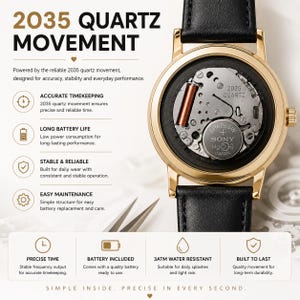 May include: Gold-tone watch with a black leather band. The watch face is open, revealing the internal quartz movement, including a battery and other components. The text "2035 QUARTZ MOVEMENT" is displayed at the top.