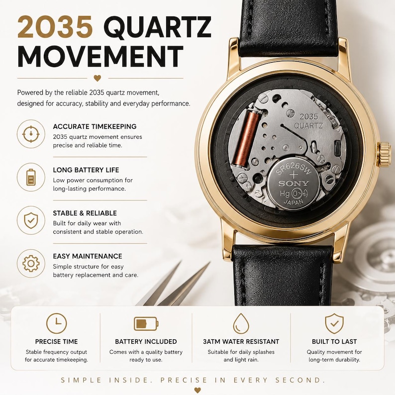 May include: Gold-tone watch with a black leather band. The watch face is open, revealing the internal quartz movement, including a battery and other components. The text "2035 QUARTZ MOVEMENT" is displayed at the top.