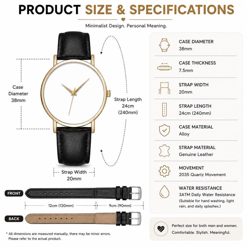 May include: A minimalist watch with a gold-colored case and a white face. The watch has a black leather strap. The image includes specifications: case diameter 38mm, strap length 24cm, and water resistance.