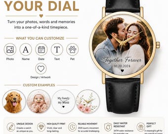 Custom Photo Watch, Personalized Minimalist Dial, Leather Strap, 38mm Quartz Timepiece