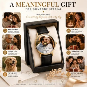May include: A personalized watch in a black gift box. The watch features a gold-tone case, a black leather band, and a custom photo of a couple kissing. The text "Emma & Jack 10.20.2024" is also visible.