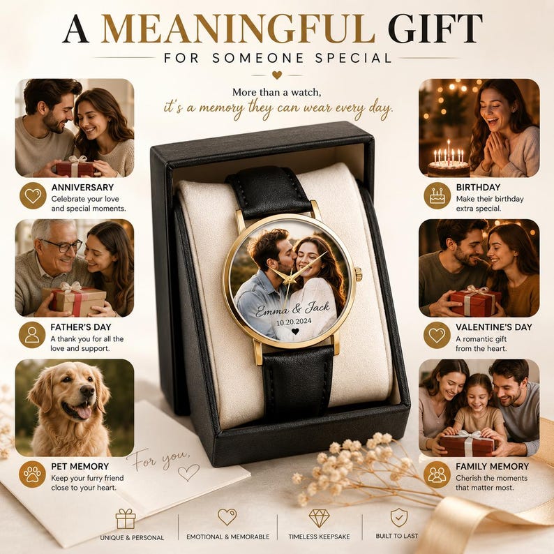 May include: A personalized watch in a black gift box. The watch features a gold-tone case, a black leather band, and a custom photo of a couple kissing. The text "Emma & Jack 10.20.2024" is also visible.