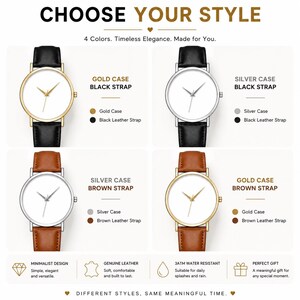 May include: Four minimalist watches with different color combinations. The watches have gold or silver cases with black or brown leather straps. The image text says "Choose Your Style" and "Timeless Elegance."