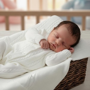 May include: A sleeping baby in a white cable-knit outfit, resting in a woven basket lined with a matching blanket. The baby is lying on a white blanket with a cable knit design. The background is blurred.