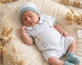 Newborn Boy knit white blue First cloth Hospital knitted baby clothes pregnant little sala maternidad bebe primera puesta
