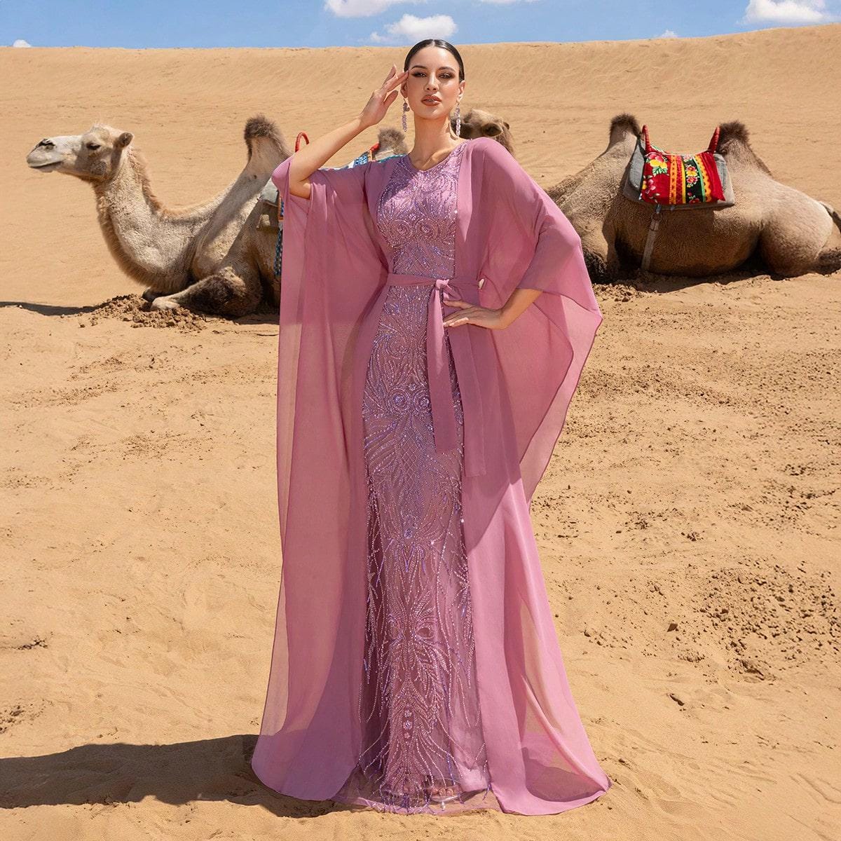chinese dress ladies Elegant A Line Sequin Floral Embroidered Slit Long Party Dress, Pink / S main image 1