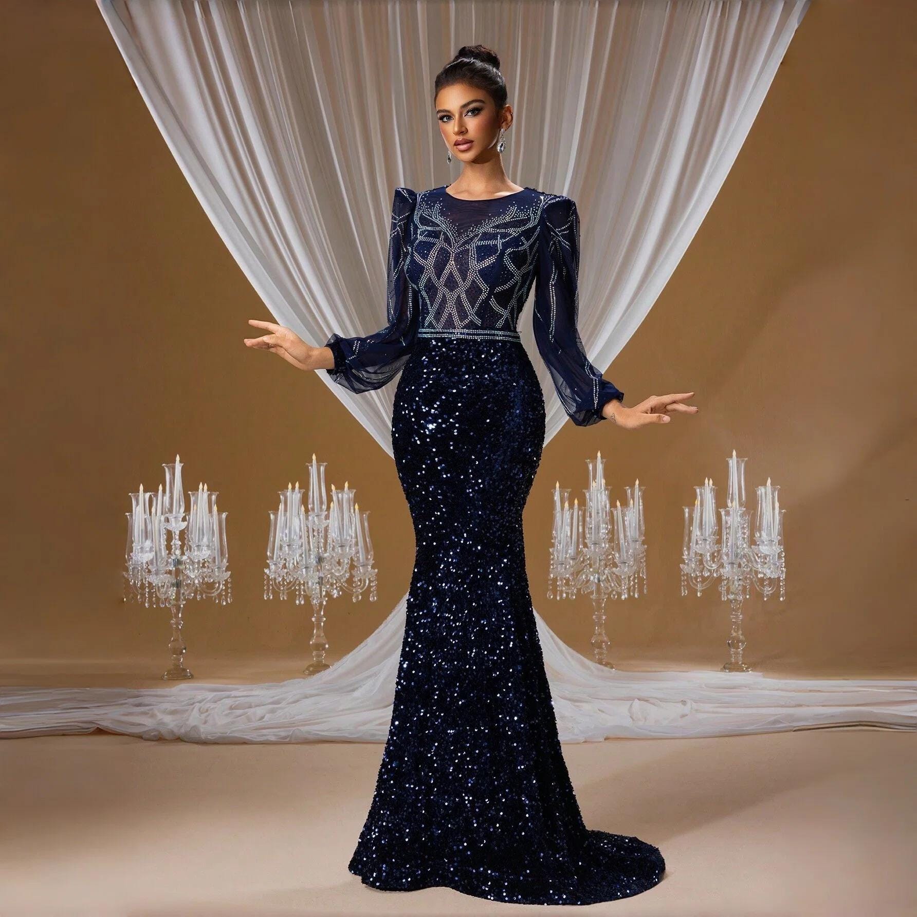 Evening Dress Navy Blue Sheer Sleeves - Etsy