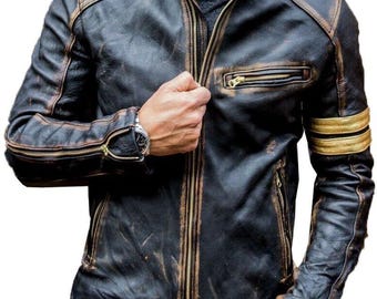 Chaqueta de cuero negro desgastado para hombre estilo café racer – Prenda de abrigo retro de corte ajustado estilo motero
