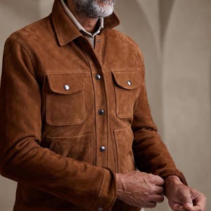 Men Brown Suede Leather Trucker Jacket | Slim Fit Genuine Hide Vintage | Stylish Casual Outerwear | Gift for Him