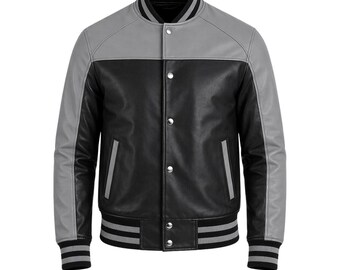 Men's Black Sheepskin Leather Varsity Jacket – Two-Tone Bomber Streetwear Coat
