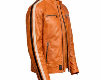 Men's Orange Stripe Genuine Leather Biker Jacket – Slim Fit Cafe Racer Style