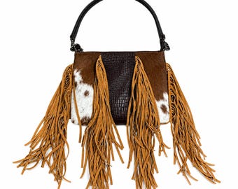 Cowhide Leather Fringe Handbag, Western Hair-On Hide Shoulder Bag, hobo Cowboy Purse