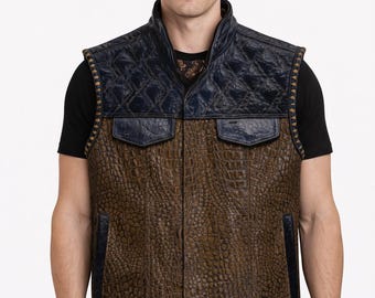 Gator brun läderbikerväst för män | Diamantquiltad motorcykelväst