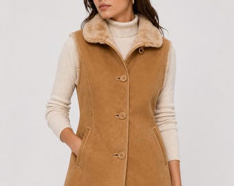 Women’s Camel Suede Sherpa Vest, Sleeveless Button Front Winter Waistcoat, Lined Casual Outerwear Gift for Her