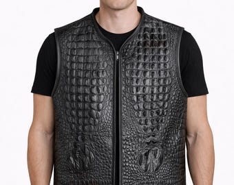Svart krokodilpräglad läderbikerväst för män, lyxig motorcykelväst med alligatortextur