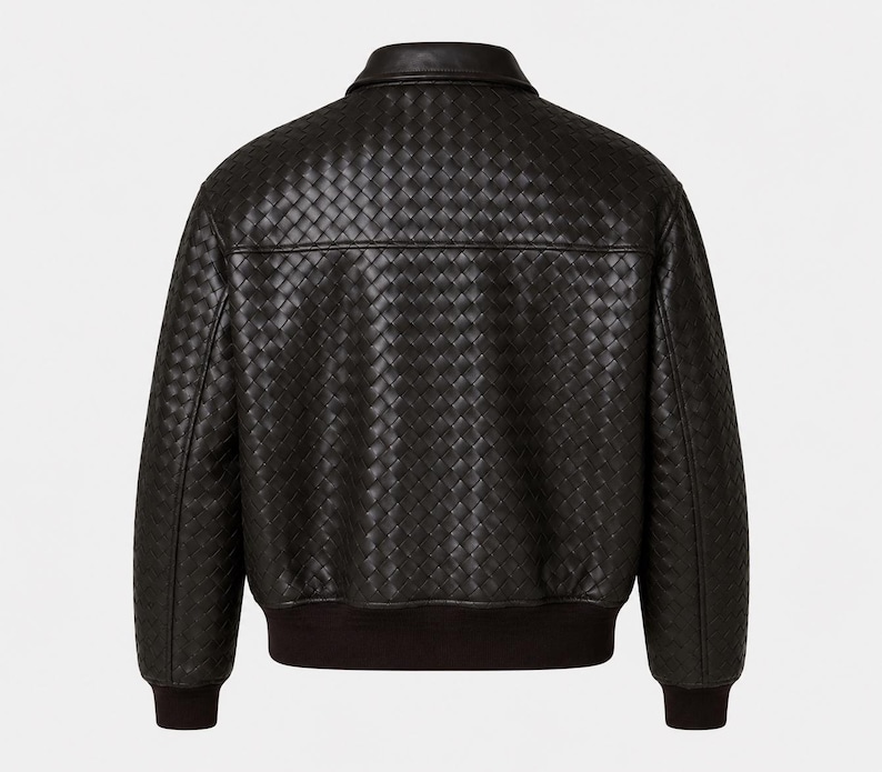 Genuine leather woven jacket for men featuring luxury bomber style design