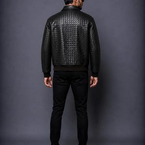 Premium men’s woven leather outerwear with zipper closure and soft finish