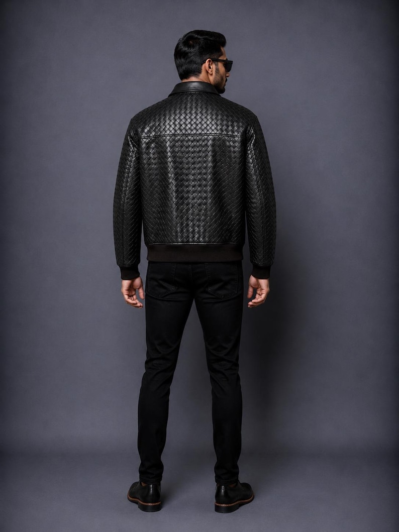 Premium men’s woven leather outerwear with zipper closure and soft finish