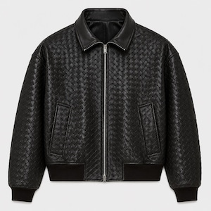 Men’s black woven leather bomber jacket with zip-up front and ribbed cuffs