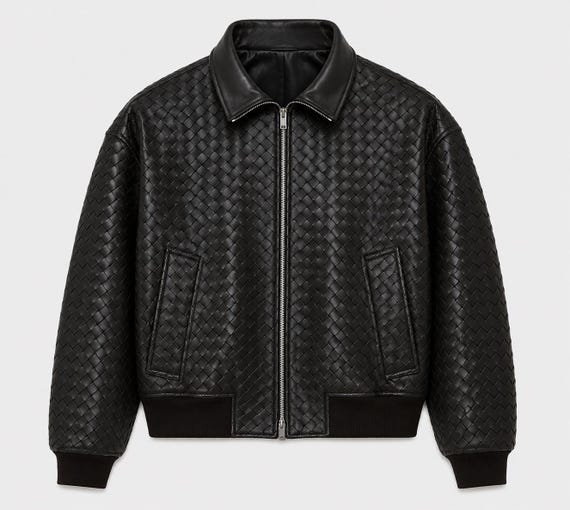 Men’s Woven Leather Jacket, Luxury Bomber Style , Genuine Leather Outerwear
