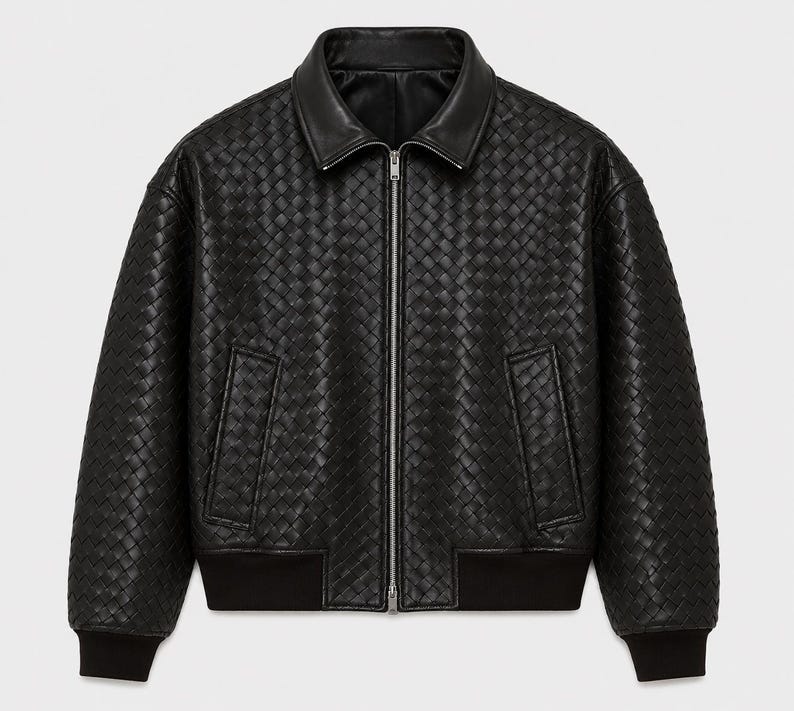 Men’s black woven leather bomber jacket with zip-up front and ribbed cuffs