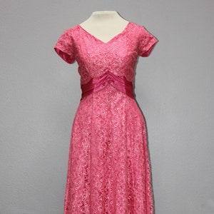 Vintage 1950s Pink Lace Tea Length Formal Gown