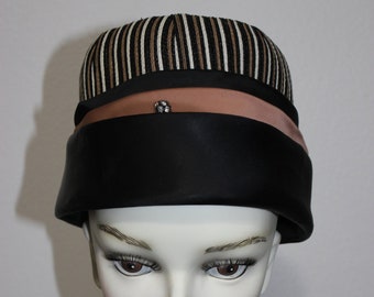 Cute White, Black & Tan Striped Vintage Pillbox Hat
