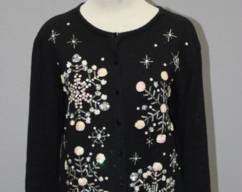Black 1980s Beaded & Sequined Holiday Sweater