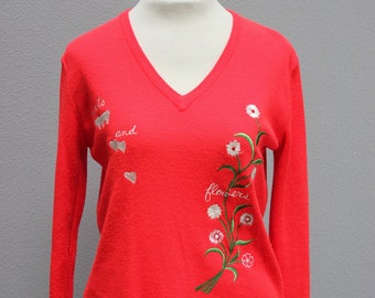 Romantic Vintage 1960s Red Embroidered Acrylic Sweater