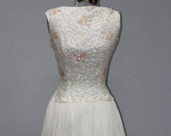 Vintage White Chiffon Sequined Formal Gown