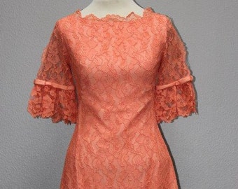 Gorgeous 1960s Vintage Melon Lace Party Dress