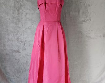1960's Hot Pink Rayon Strapless Dress With Train