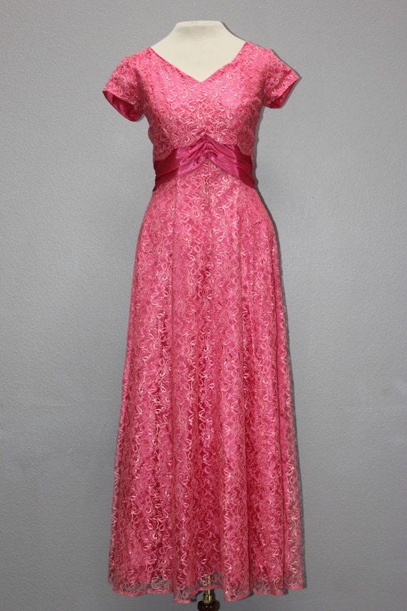 Vintage 1950s Pink Lace Tea Length Formal Gown