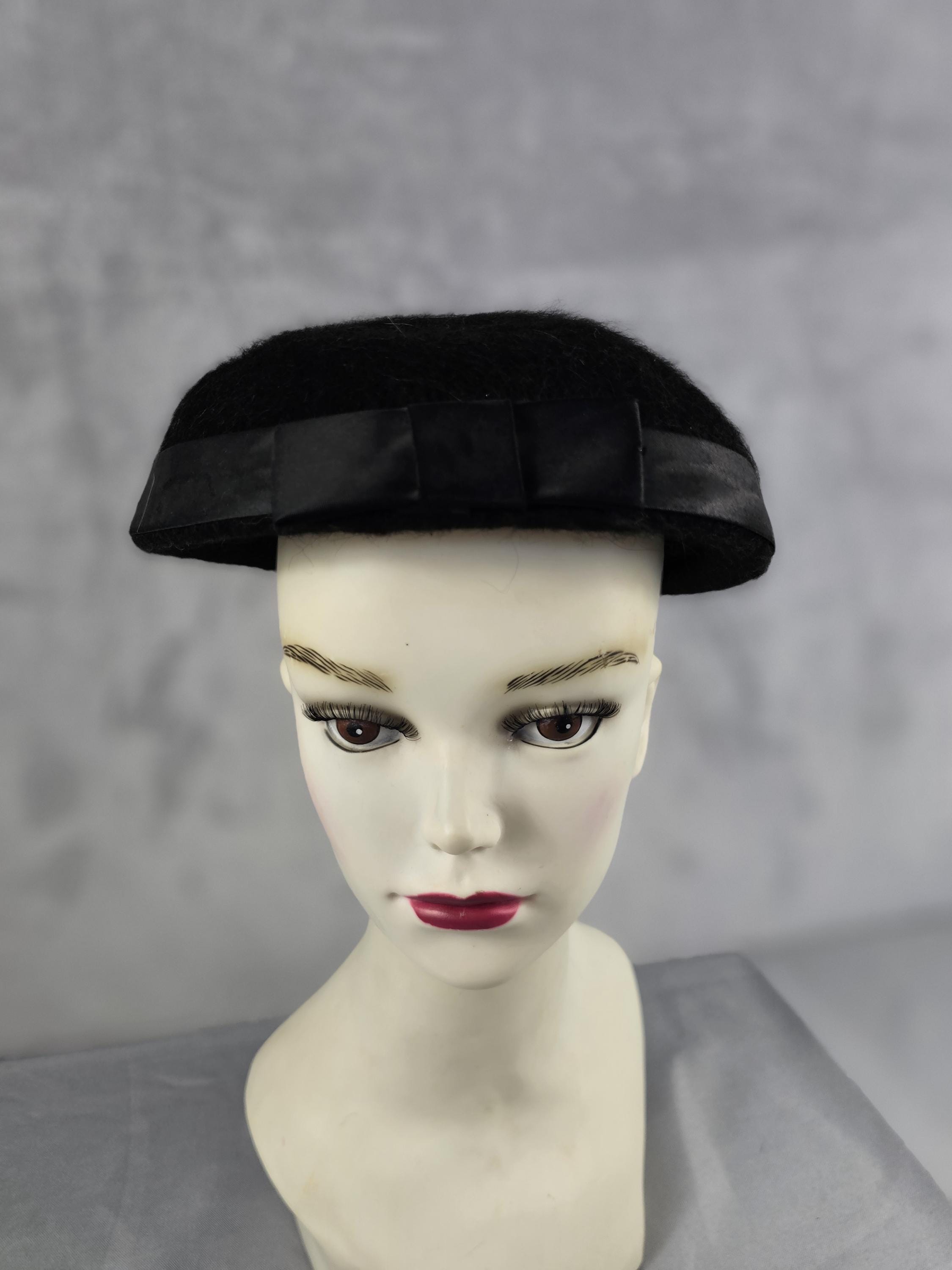 Vintage 1960s Black Fur Felt Pillbox Helmet Hat Mod Style Vintage Black Lamb Fur Pillbox Hat, Vintage Hat, Vintage  main image 3