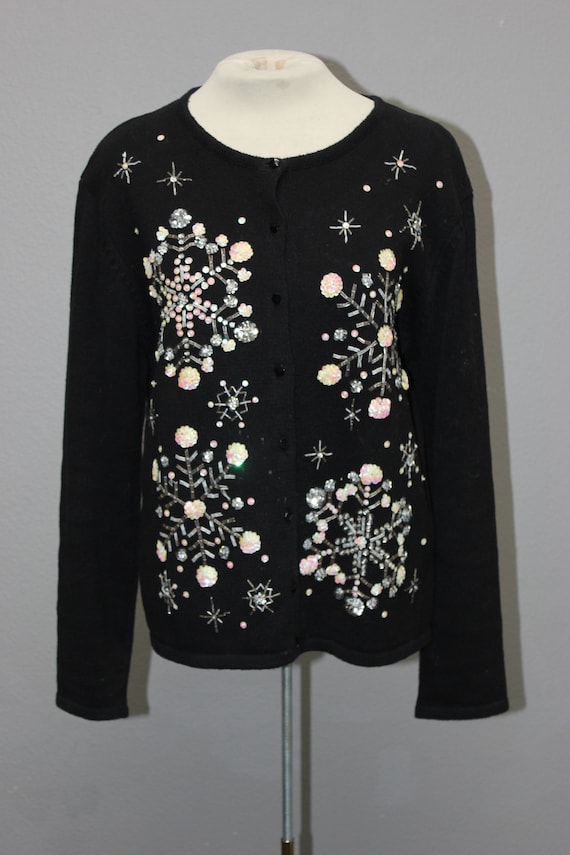 Black 1980s Beaded & Sequined Holiday Sweater