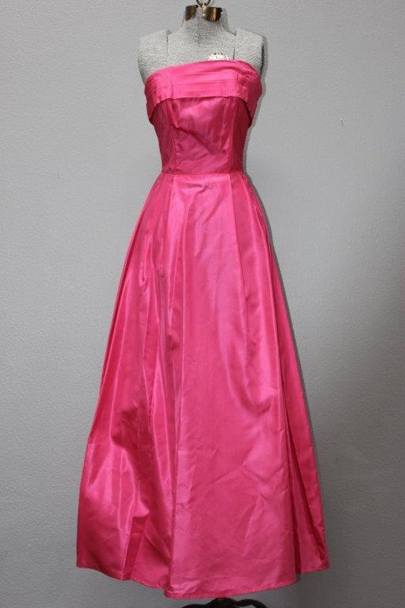 1960's Hot Pink Rayon Strapless Dress With Train