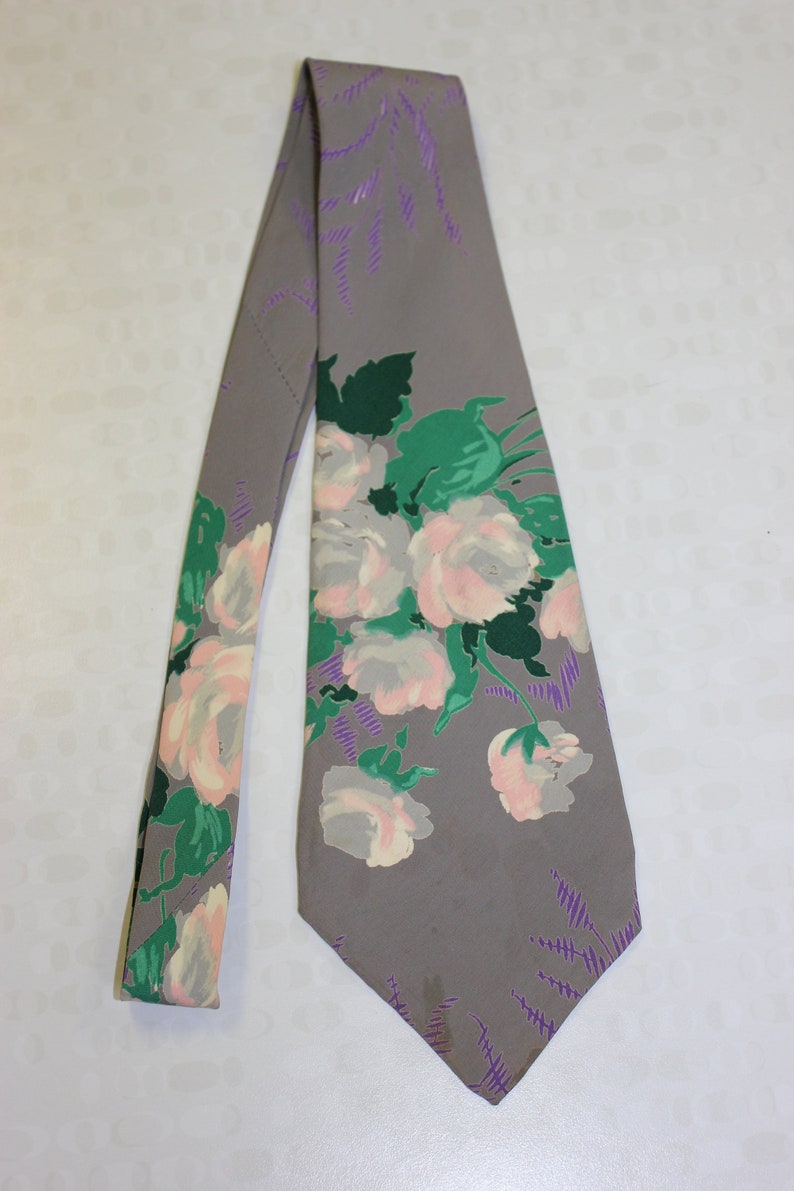 Vintage 1940s pintado a mano floral corbata imagen 1