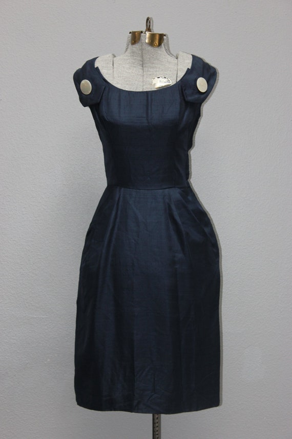 Vintage 1960s Navy Silk Sheath Dress