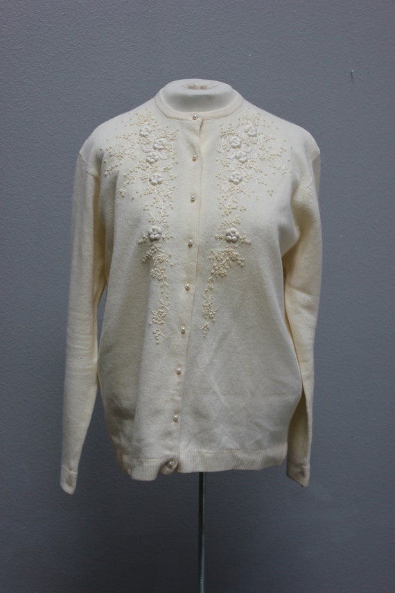 Vintage Cream Embroidered Cardigan Sweater - image 1