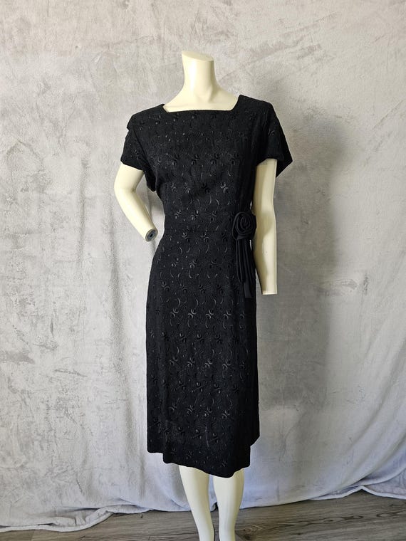 1960's Sensibly Young Black Brocade Sheath Dress