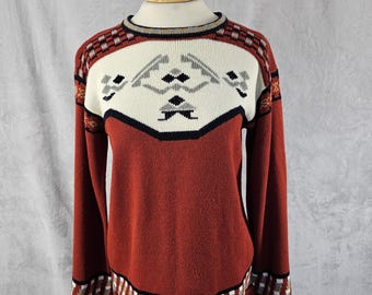Vintage Ethnic Acrylic Sweater, Raglan Bell Sleeves